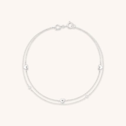 Heart Double Chain Bracelet in Solid Silver
